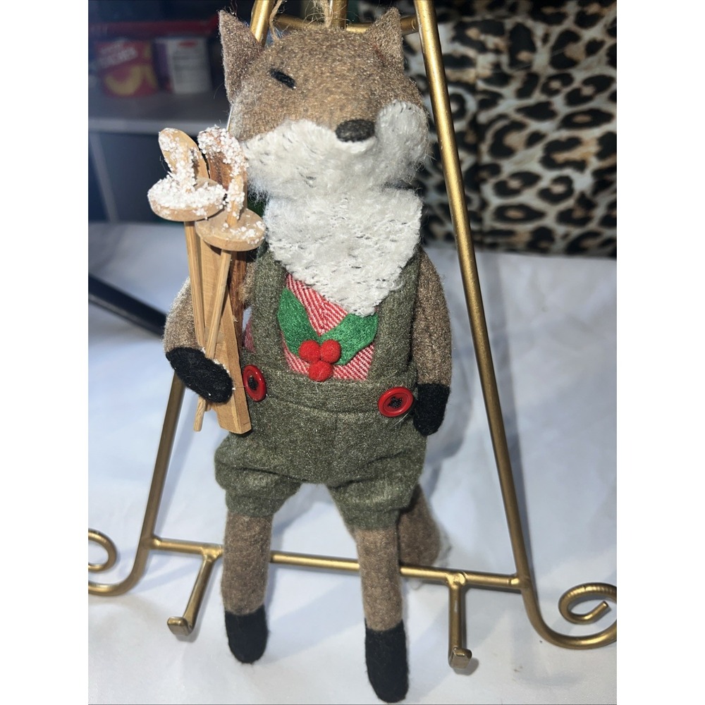 Grandpa Fox with wooden Skis Figurine Fabric and Wood approx 11 " tall‎
